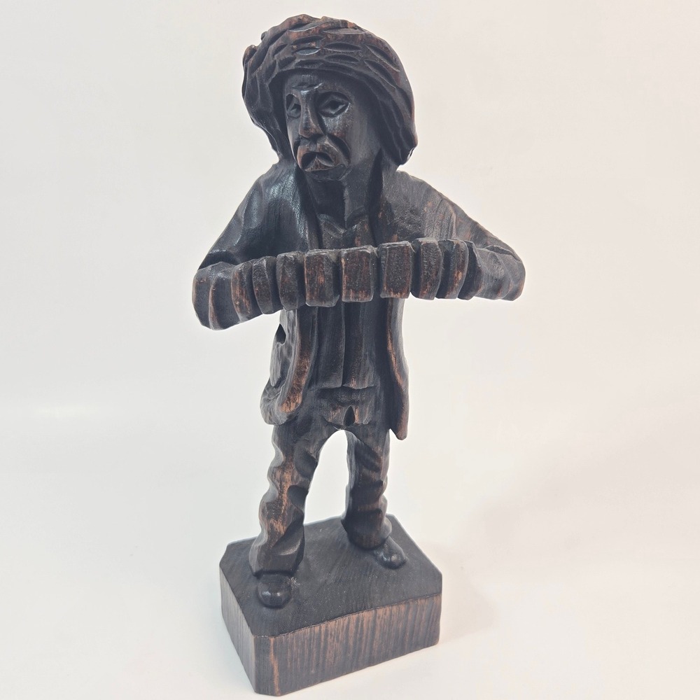 Vintage Hand Carved Wood Accordion Player Musician Figurine Folk Art Sculpture